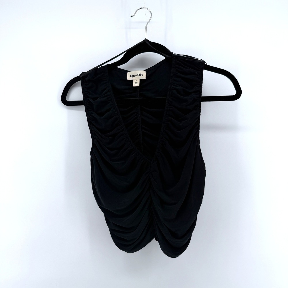 Open Edit Tank Top Ruched V-Neck Medium Black Womens‎ Nordstrom Sleeveless Top